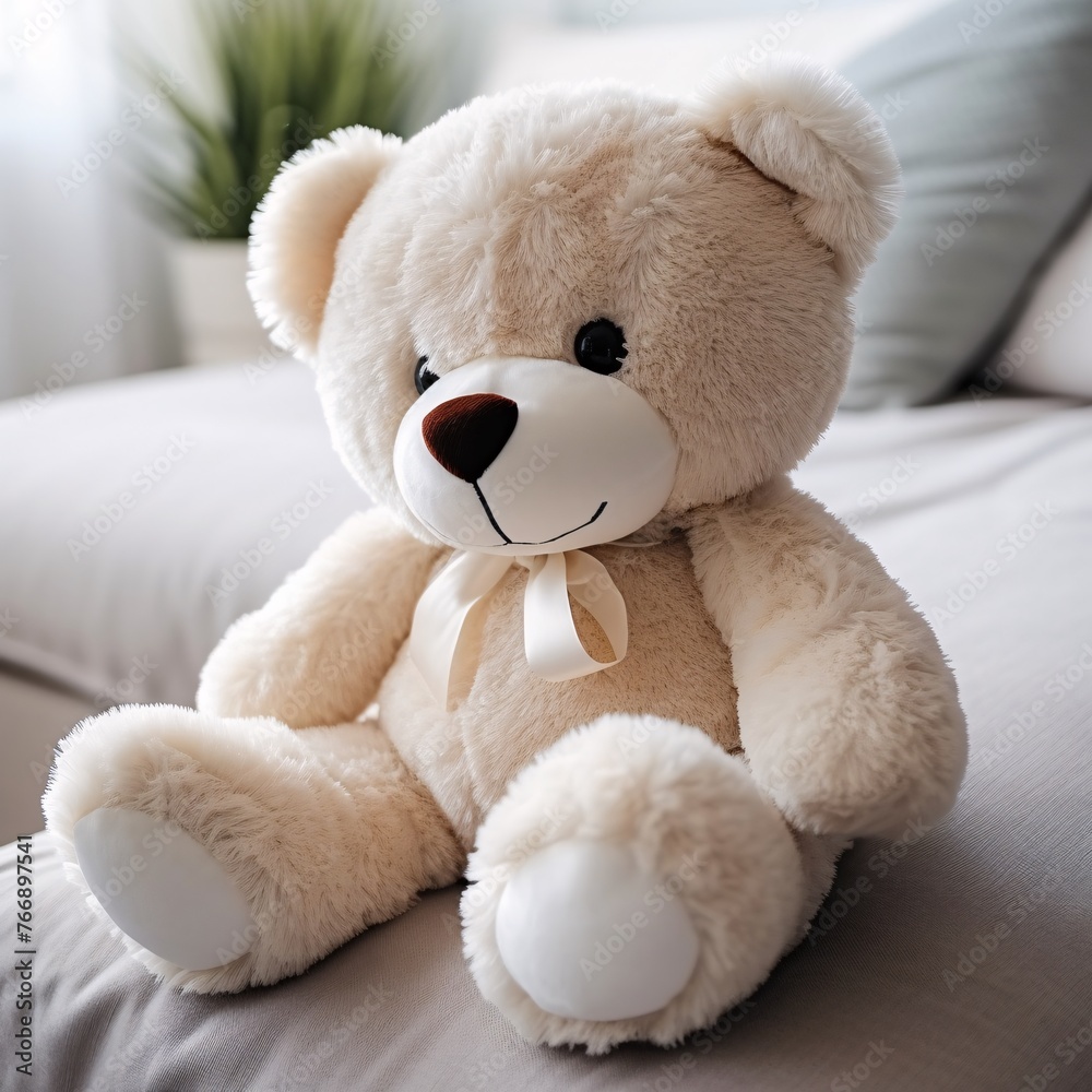 A small plush teddy bear sitting on a sofa