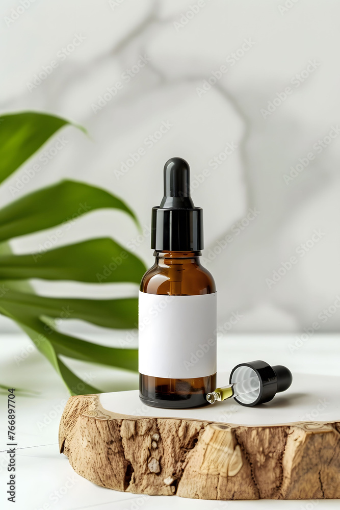 Amber dropper bottle with blank label on elegant background