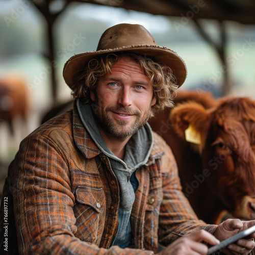 Farmer with tablet and cow on pasture