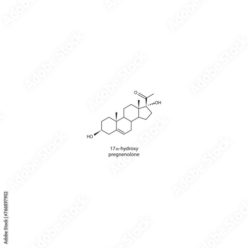 17-α-hydroxy pregnenolone skeletal structure diagram.Progesterone hormone compound molecule scientific illustration on white background.