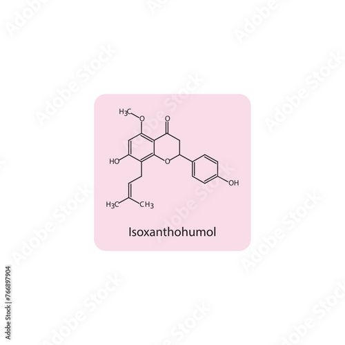 Isoxanthohumol skeletal structure diagram.prenylated flavonoid compound molecule scientific illustration on pink background.