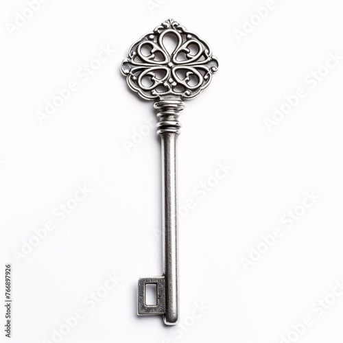 A shiny silver key isolated against a pure white backdrop