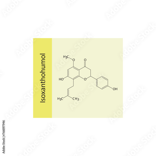 Isoxanthohumol skeletal structure diagram.prenylated flavonoid compound molecule scientific illustration on yellow background.