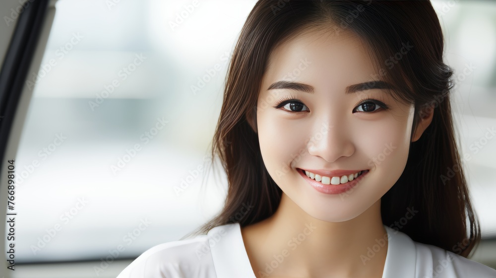 Beautiful young asian girl with a genuine smile looking directly at the camera in a portrait shot