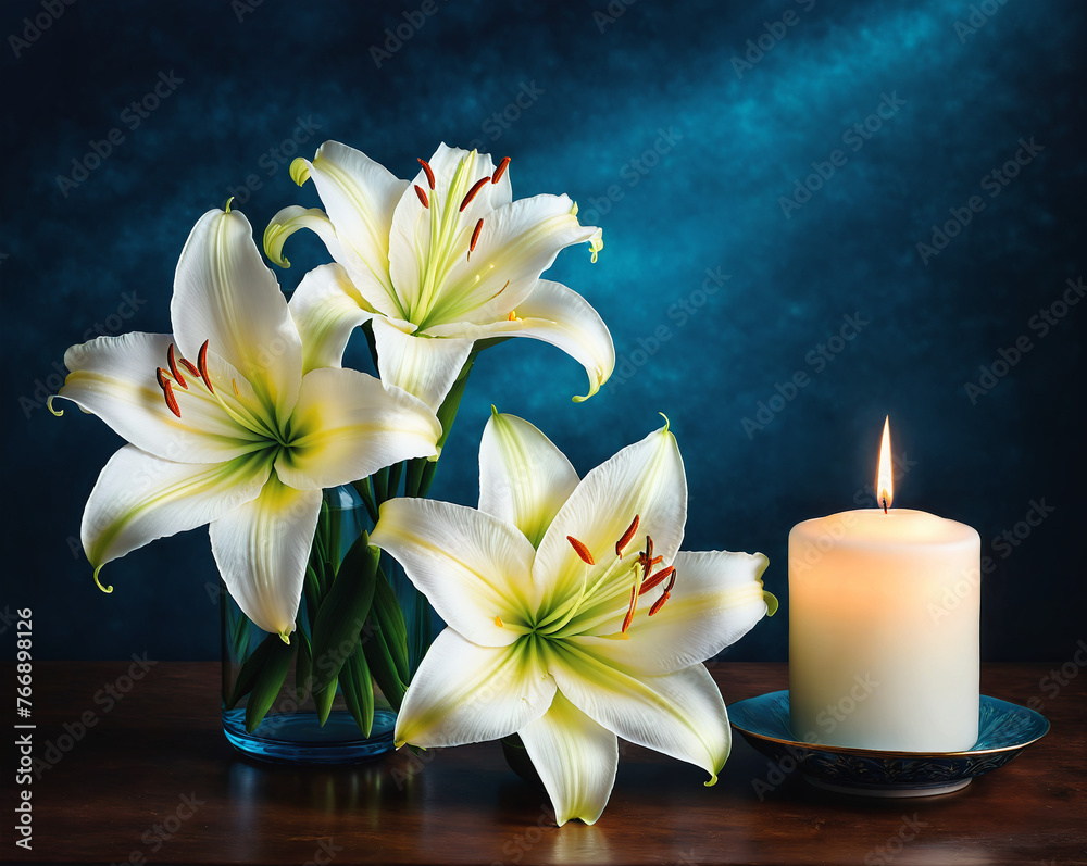 delicate white lilies in a vase, a burning candle on a blue background. Generative AI