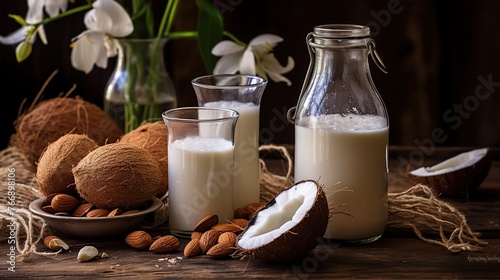 Bottle of milk with coconuts and almonds on a wooden surface. Generated AI.