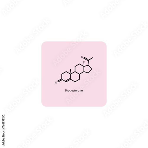 Progesterone skeletal structure diagram.Progesterone hormone compound molecule scientific illustration on pink background.