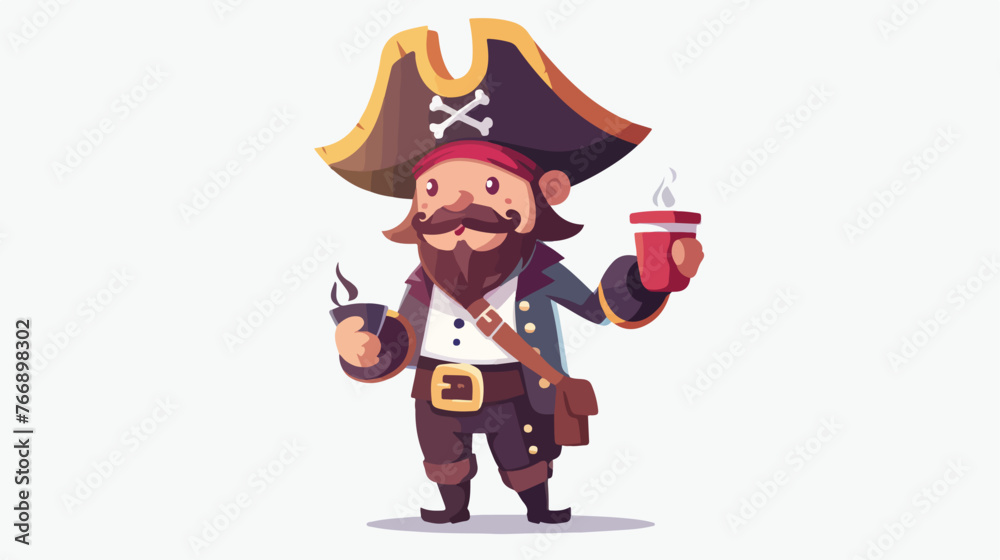 Render of a cute pirate captain holding a cup of coffee 