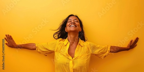 Joyful South American Woman with Arms Spread