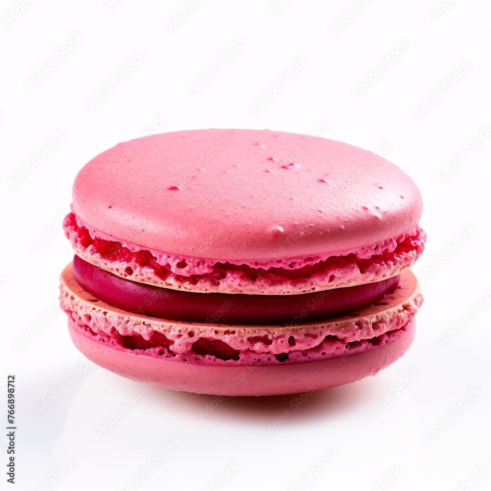 A raspberry macaron on white surface A raspberry macaron on white surface