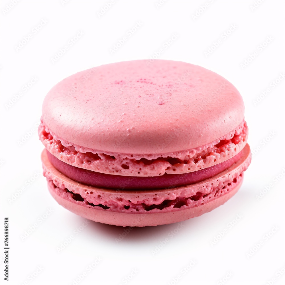 A pink macaron on a clean white surface A pink macaron on a clean white surface