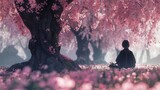 Serene Cherry Blossoms at Dawn With Solitary Figure