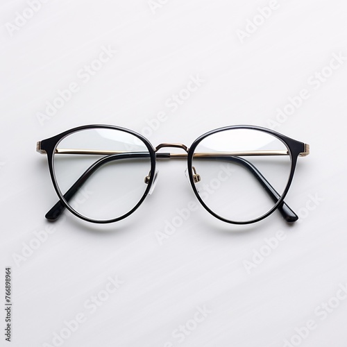 Pair of black-framed glasses sitting on a plain white surface