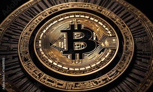 A Bitcoin emblem shines atop a background reminiscent of an ancient coin relief  evoking the evolution from old to new forms of money. AI generation