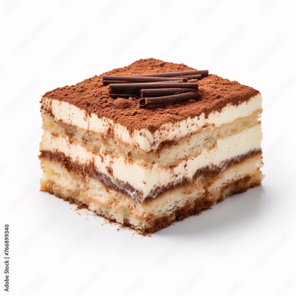 A gourmet tiramisu slice garnished with cocoa powder on a clean white surface A gourmet tiramisu slice garnished with cocoa powder on a clean white surface