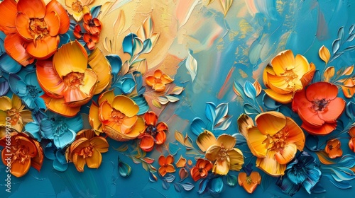 A fresh abstract oil painting technique. Flowers, leaves. A luminous golden texture. Prints, wall papers, posters, cards, murals, carpets, decorations, wall paintings, posters... © Zaleman