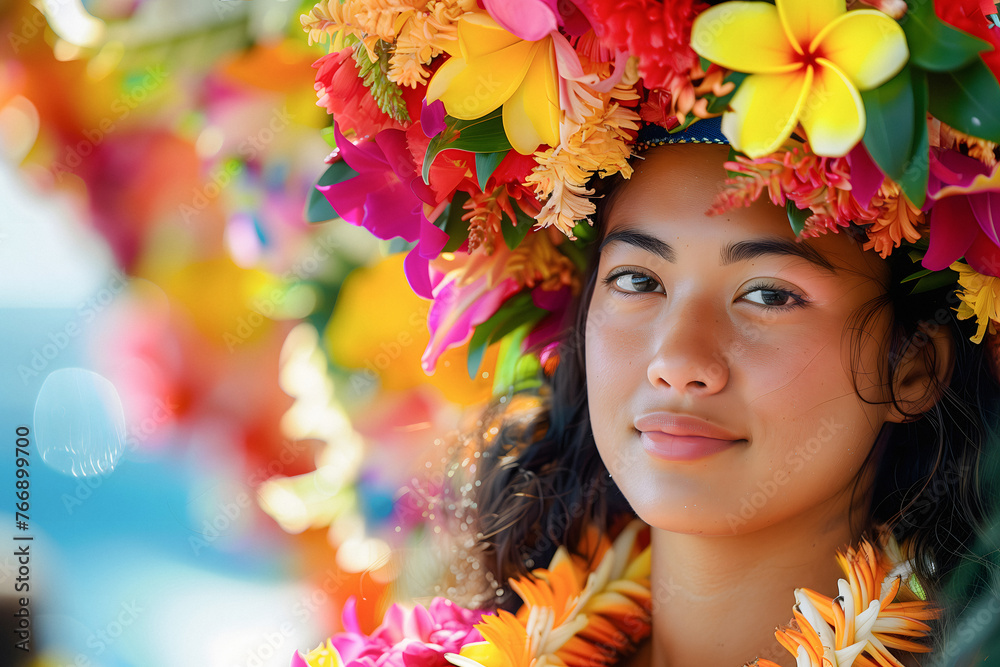 Tropic Woman With Blooming Flower Crown, Lei Day Festival In Hawaii Concept, Flower Wreath, Hawaiian Holiday