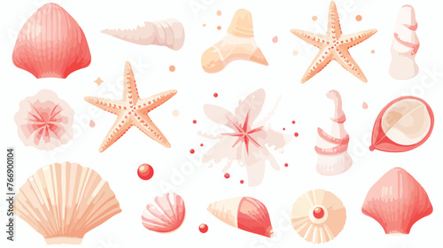 Seashells Pearls flat vector isolated on white background