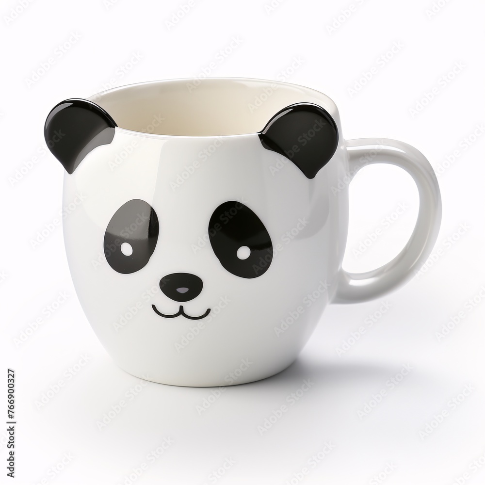 A cute panda-shaped mug with black and white panda motifs on a white background