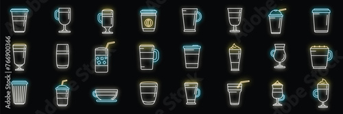 Latte icons set outline vector. Coffee drink. Spice cream neon color on black