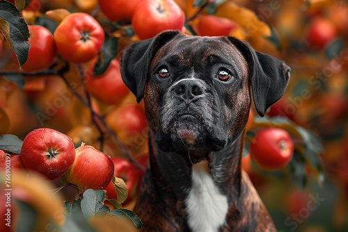 Boxer dog amidst apple branches, looking upward, Generated AI.