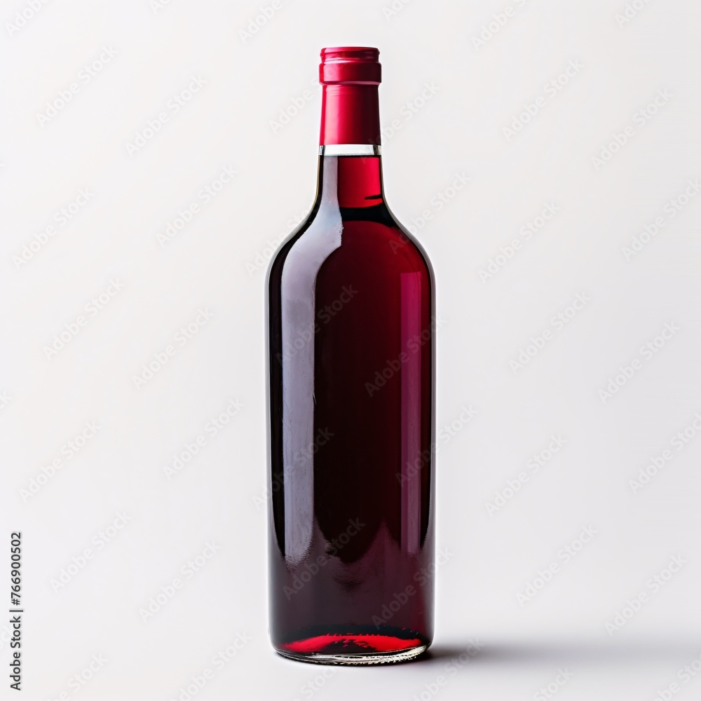 A clear glass bottle filled with red wine on a white surface A clear glass bottle filled with red wine on a white surface