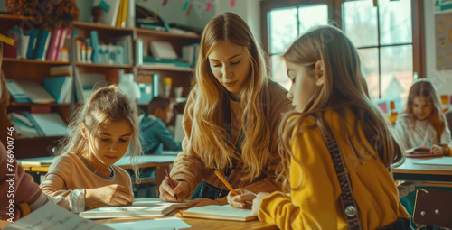 A female teacher is helping students in the classroom, and two young women with long blonde hair wearing yellow sit at their desks doing homework