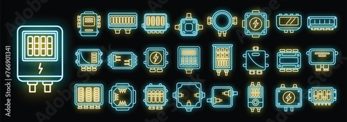 Junction box icons set outline vector. Cable connect. Electric plug neon color on black