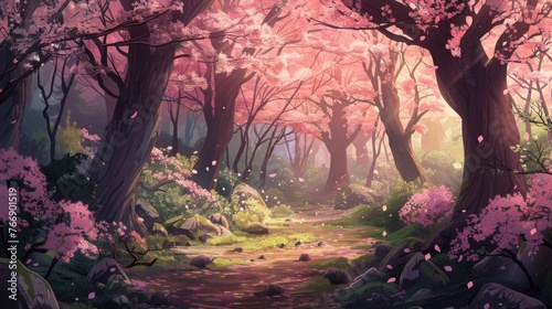 Enchanted Cherry Blossom Forest at Dawn