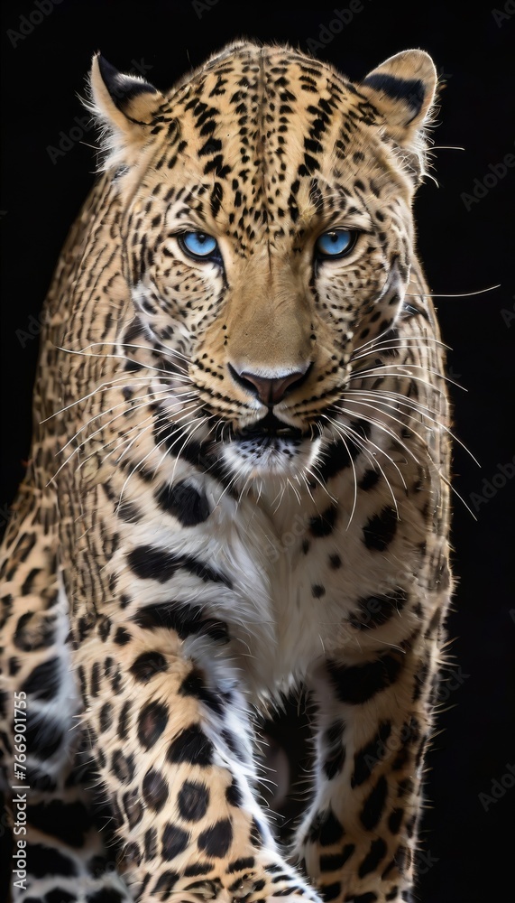 Obraz premium A captivating full-body portrait of a leopard standing proudly, showcasing its stunning spotted coat and penetrating blue eyes. AI generation