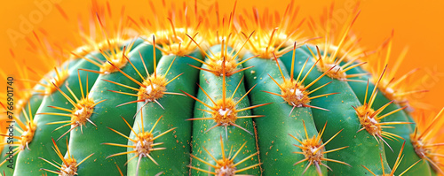 Closeup of a vibrant green Saguaro cactus with sharp yellow spines against a vivid orange background. Macro photography captures detailed texture and contrast