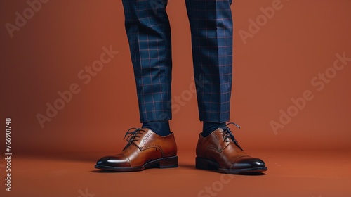A UHD close-up of a stylish formal shirt in a bold checkered pattern, paired with tailored navy blue trousers and polished leather oxford shoes.