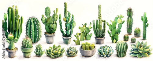 Diverse collection of cacti and succulents in various pots arrayed against white background. Vivid green tones and array of unique shapes create an eye-catching botanical composition photo