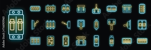 Breaker switch icons set outline vector. Cable chopper. Circuit switch neon color on black