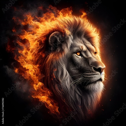 A portrait of  lion face with a flame Fire  wallpaper digital art. Wildlife animal