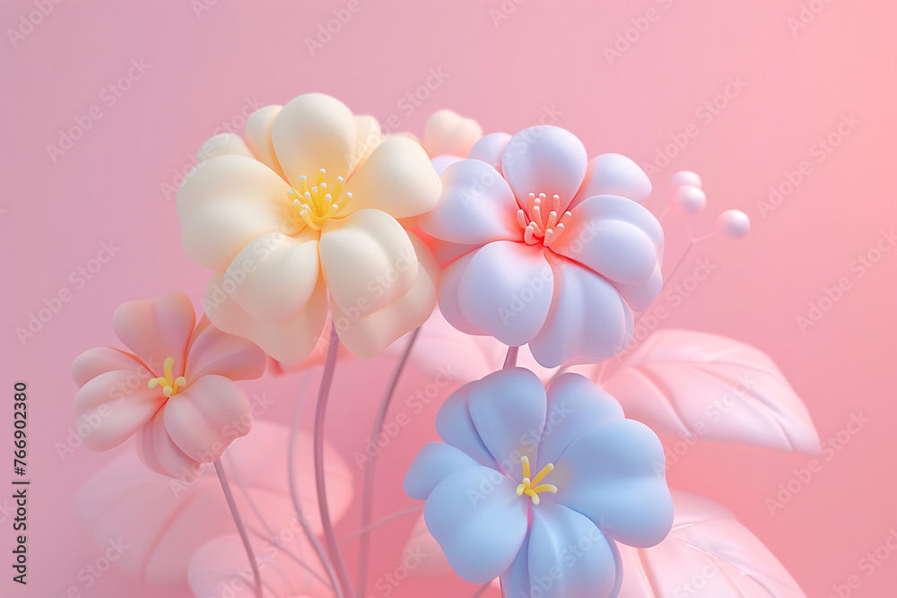 3d floral craft wallpaper. Concept illustration of orange green and yellow flowers on light background 3d floral craft wallpaper. Concept illustration of orange green and yellow flowers on light background