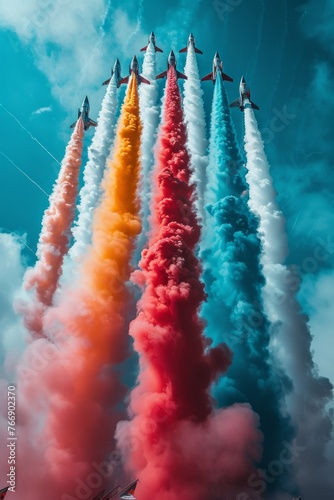 a group of jets releasing colorful smoke 