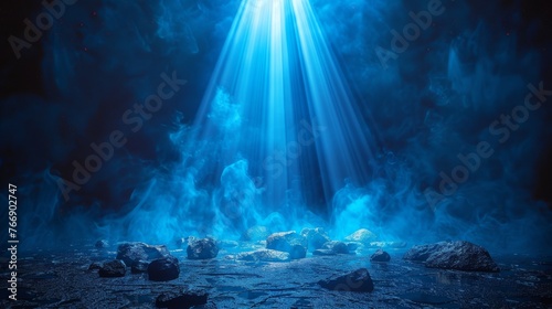 A blue glowing stage light ray isolated on a transparent background. A modern bright scene spotlight effect. Shine theater projector beam template for your creative design.