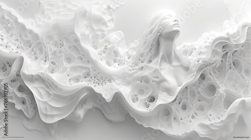 Abstract white sculpture of a woman integrated with fluid forms. Generated AI.
