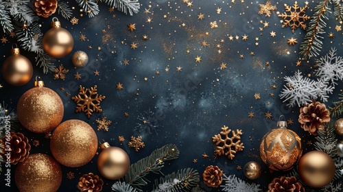 This is a modern illustration of Christmas background with Christmas ball star snowflake confetti in gold and black colors and lace for text in 2018 2019 2020.