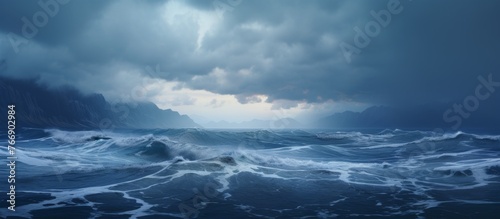 A turbulent ocean with wind waves crashing against the shore under a cloudy cumulusfilled sky, creating a dramatic natural landscape