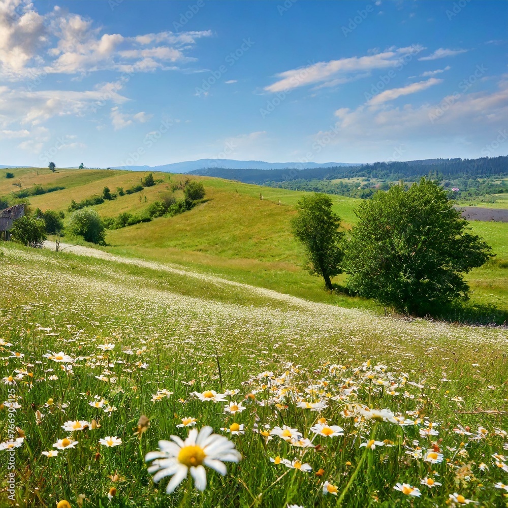 field of daisies and sky landscape, meadow, flower, sky, nature, summer