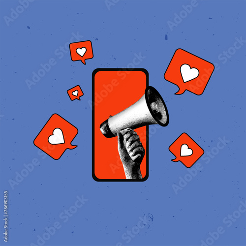 Contemporary art collage. Vector illustration. Hand with megaphone inside smartphone with blank red screen surrounded like signs. Concept of social media, influence, popularity, modern lifestyle. Ad