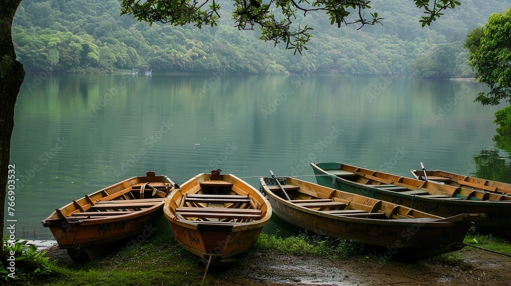 Traditional wooden rowboats moored along the banks of a serene lake
