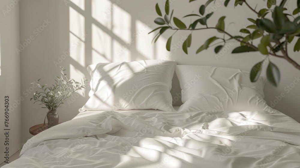 Mock up of white bedding on comofortable bed with pillows and blanket modern minimalist interior. Template for prints Mock up of white bedding on comofortable bed with pillows and blanket modern minimalist interior. Template for prints