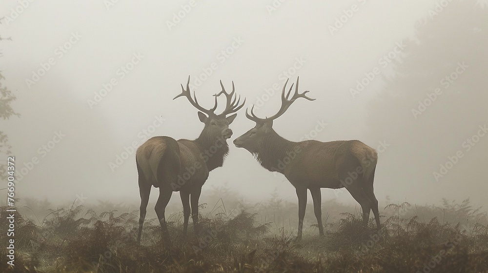 Obraz premium Two red deer in the mist, Cervus elaphus.