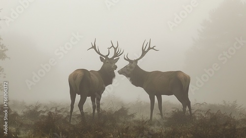 Two red deer in the mist, Cervus elaphus.