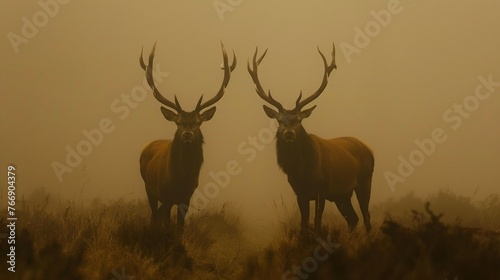 Majestic Red Deer (Cervus elaphus) in the morning fog. © RMTH