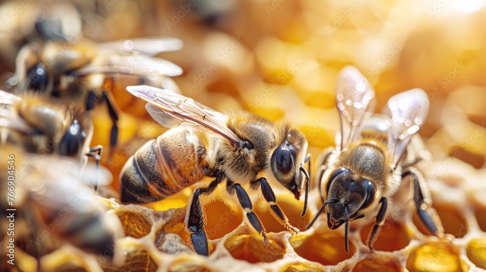 Hexagon patterned honeycomb with honey bee Hexagon patterned honeycomb with honey bee