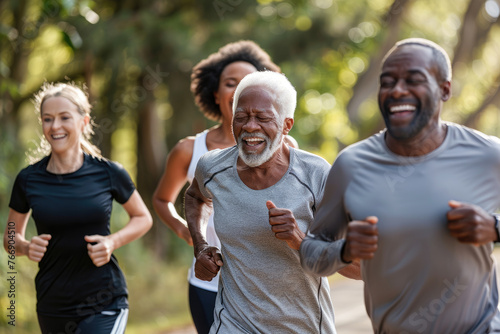 A group of multiethnic friends doing sports together, a happy senior couple fitness jogging outdoors with a black woman and man in their late thirties, a sunny day © Kien